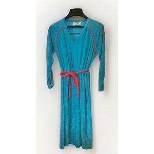 Zizi Vintage Teal Coral Terrycloth Long Sleeve Coverup Dress Beachy Mod 6      K